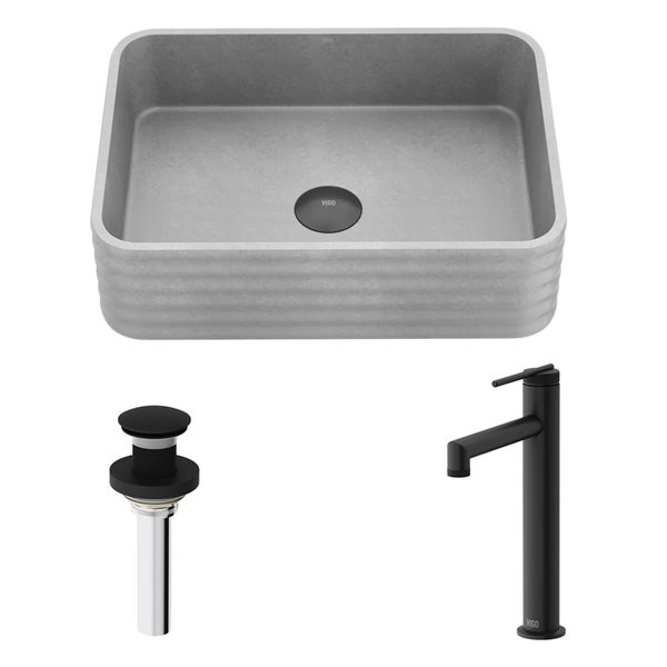 VIGO Cadman 13 W x 18-in D Grey Concreto Stone Rectangular Vessel Bathroom Sink w/ Sterling Black Faucet and Pop-Up