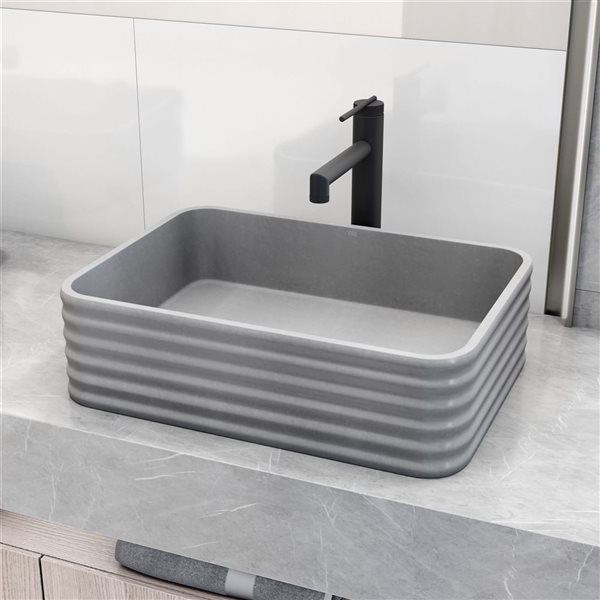 VIGO Cadman 13 W x 18-in D Grey Concreto Stone Rectangular Vessel Bathroom Sink w/ Sterling Black Faucet and Pop-Up