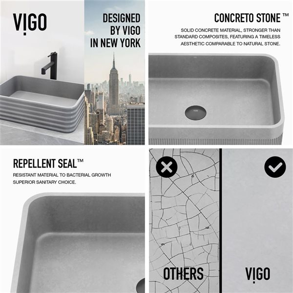 VIGO Cadman 13 W x 18-in D Grey Concreto Stone Rectangular Vessel Bathroom Sink w/ Sterling Black Faucet and Pop-Up