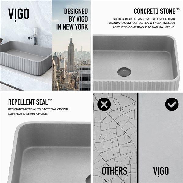 VIGO Windsor&nbsp;21-in L x&nbsp;14-in W x&nbsp;5-in H Concreto Stone Rectangular Vessel Bathroom Sink - Grey