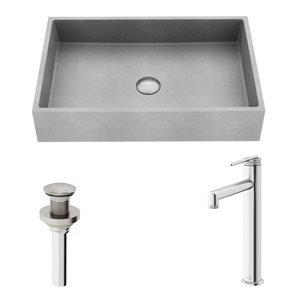 VIGO Orvieto 15 W x 24-in D Grey Concrete Composite Vessel Bathroom Sink w/ Nickel Faucet and Pop-Up Drain