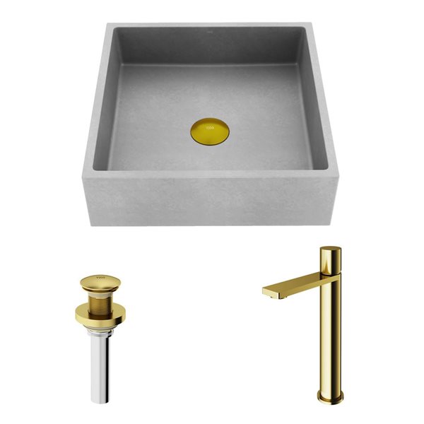 VIGO Alhambra 15 W x 15-in D Grey Concreto Stone Square Vessel Bathroom Sink w/ Gotham Gold Faucet and Pop-Up