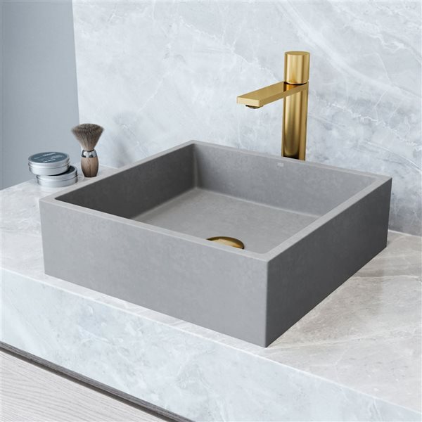 VIGO Alhambra 15 W x 15-in D Grey Concreto Stone Square Vessel Bathroom Sink w/ Gotham Gold Faucet and Pop-Up