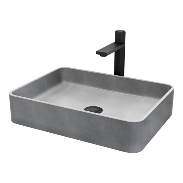 VIGO Nova 14 W x 19 D Grey Concreto Stone Rectangular Vessel Bathroom Sink w/ Nova Black Faucet and Pop-Up