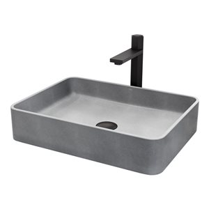 VIGO Nova 14 W x 19 D Grey Concreto Stone Rectangular Vessel Bathroom Sink w/ Nova Black Faucet and Pop-Up