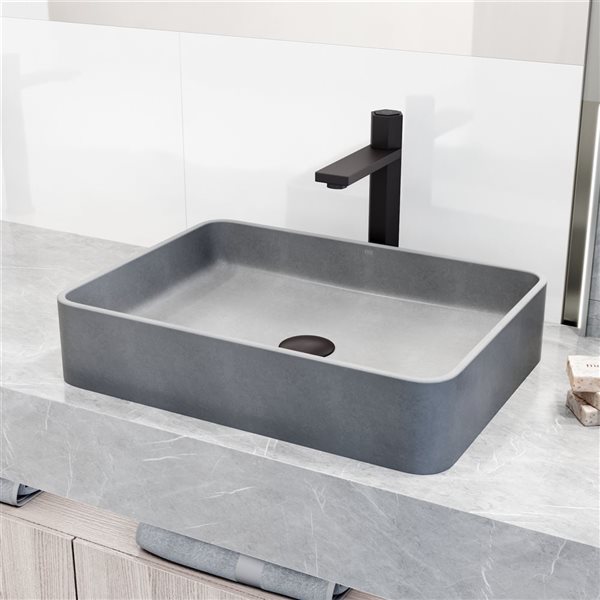 VIGO Nova 14 W x 19 D Grey Concreto Stone Rectangular Vessel Bathroom Sink w/ Nova Black Faucet and Pop-Up