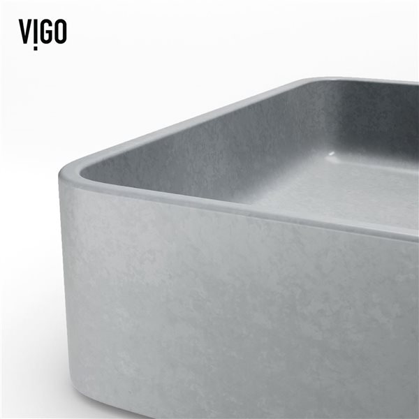 VIGO Nova 14 W x 19 D Grey Concreto Stone Rectangular Vessel Bathroom Sink w/ Nova Black Faucet and Pop-Up