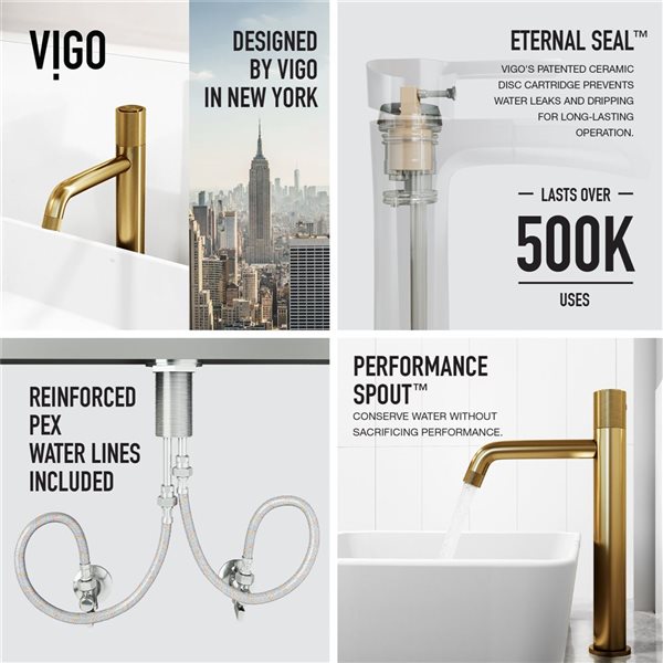 VIGO Marigold 14 W x 18-in D White Matte Stone Rectangular Vessel Bathroom Sink w/ Apollo Gold Faucet and Pop-Up