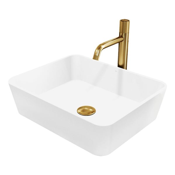 VIGO Marigold 14 W x 18-in D White Matte Stone Rectangular Vessel Bathroom Sink w/ Apollo Gold Faucet and Pop-Up