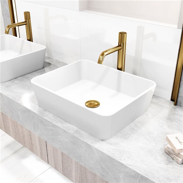 VIGO Marigold 14 W x 18-in D White Matte Stone Rectangular Vessel Bathroom Sink w/ Apollo Gold Faucet and Pop-Up