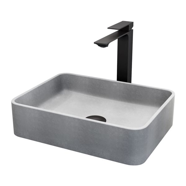 VIGO Dunn&nbsp;12-in W x&nbsp;16-in L Concreto Stone Grey Rectangle Vessel Bathroom Sink w/ Dunn Faucet/Drain - Matte Black