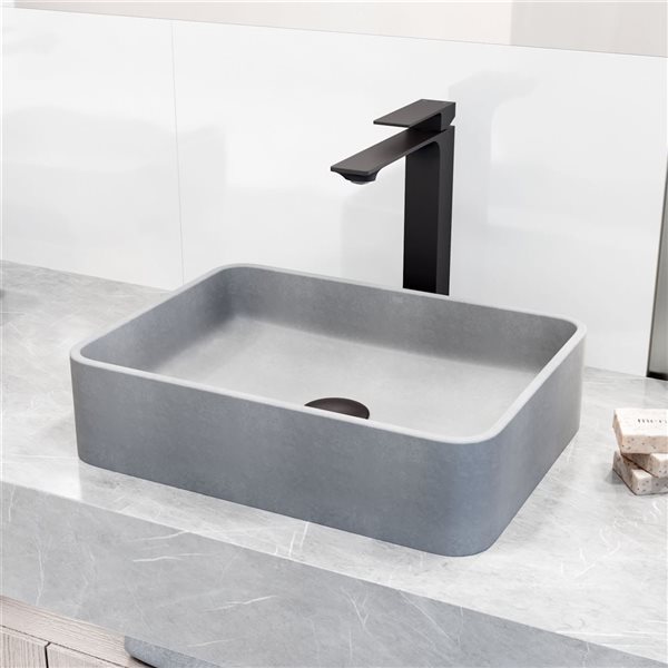 VIGO Dunn&nbsp;12-in W x&nbsp;16-in L Concreto Stone Grey Rectangle Vessel Bathroom Sink w/ Dunn Faucet/Drain - Matte Black