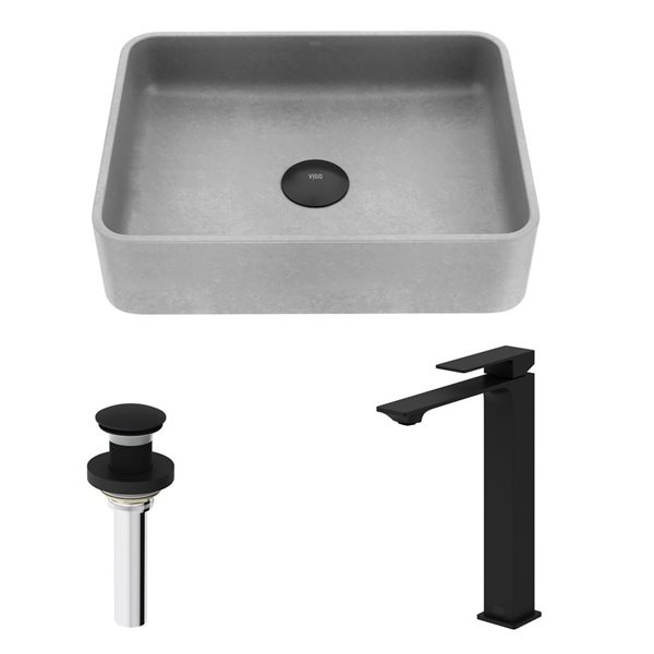 VIGO Dunn&nbsp;12-in W x&nbsp;16-in L Concreto Stone Grey Rectangle Vessel Bathroom Sink w/ Dunn Faucet/Drain - Matte Black