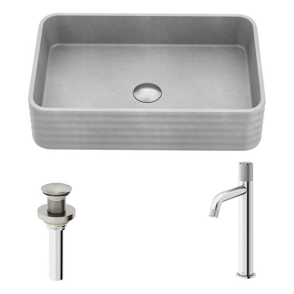 VIGO Cadman 14 W x 21-in D Grey Concreto Stone Rectangular Vessel Bathroom Sink w/ Apollo Nickel Faucet and Pop-Up