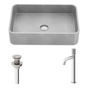 VIGO Cadman 14 W x 21-in D Grey Concreto Stone Rectangular Vessel Bathroom Sink w/ Apollo Nickel Faucet and Pop-Up