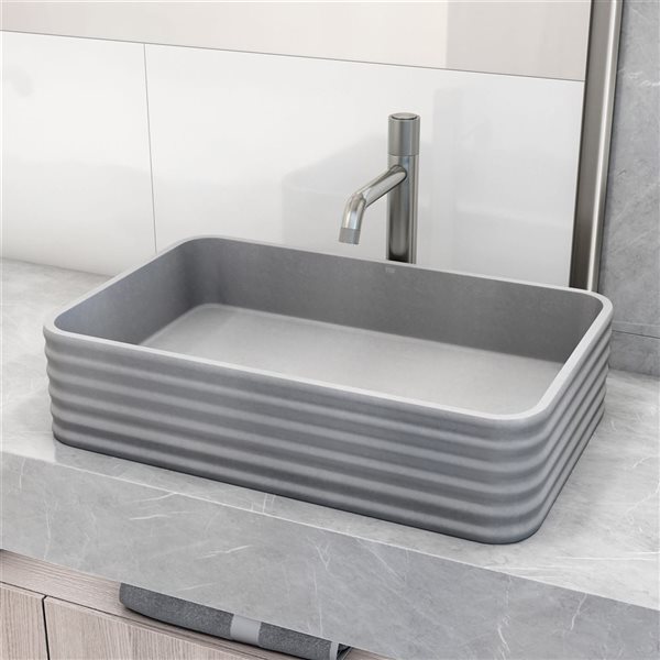 VIGO Cadman 14 W x 21-in D Grey Concreto Stone Rectangular Vessel Bathroom Sink w/ Apollo Nickel Faucet and Pop-Up