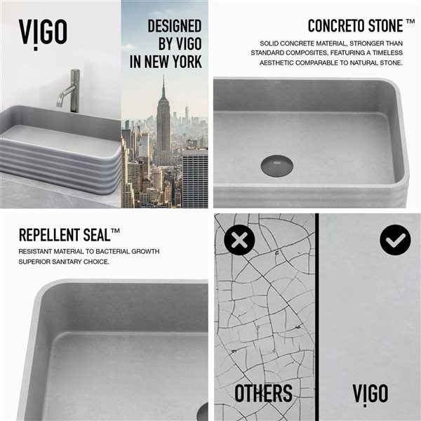 VIGO Cadman 14 W x 21-in D Grey Concreto Stone Rectangular Vessel Bathroom Sink w/ Apollo Nickel Faucet and Pop-Up