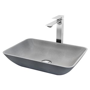 VIGO Dunn 13 W x 18-in D Grey Concreto Stone Rectangular Vessel Bathroom Sink w/ Dunn Chrome Faucet and Pop-Up