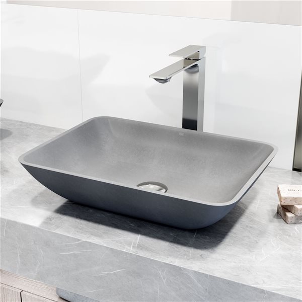 VIGO Dunn 13 W x 18-in D Grey Concreto Stone Rectangular Vessel Bathroom Sink w/ Dunn Chrome Faucet and Pop-Up