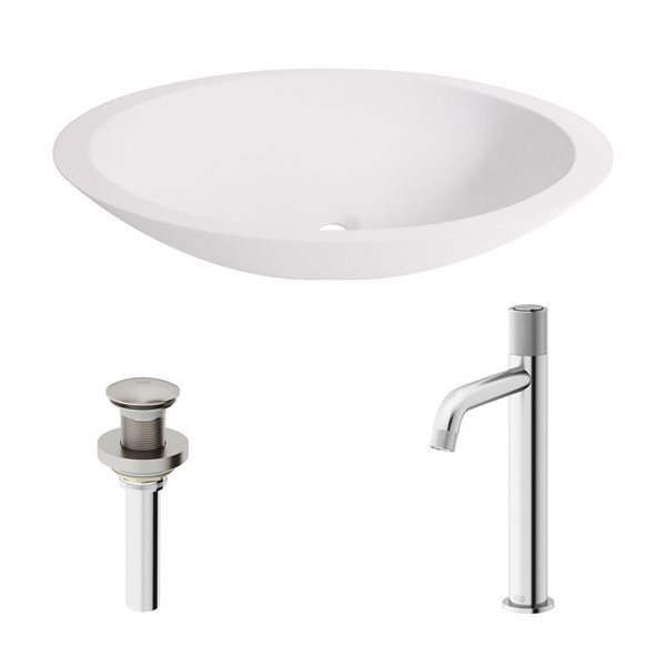 VIGO Wisteria 14 W x 23-in D White Matte Stone Oval Vessel Bathroom Sink w/ Apollo Nickel Faucet and Pop-Up