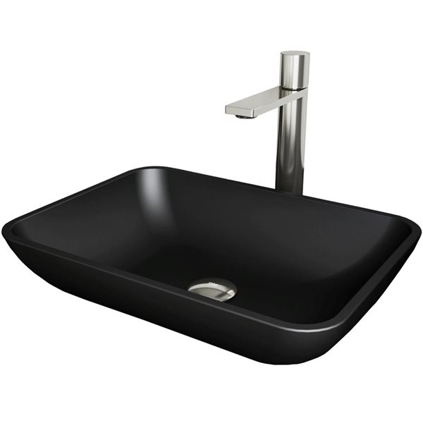 VIGO Sottile 13 W x 18-in D Black Glass Rectangular Vessel Bathroom Sink w/ Gotham Nickel Faucet and Pop-Up