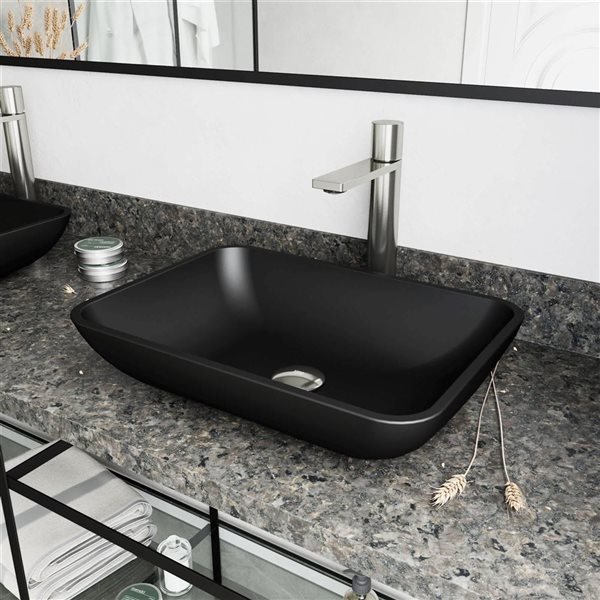 VIGO Sottile 13 W x 18-in D Black Glass Rectangular Vessel Bathroom Sink w/ Gotham Nickel Faucet and Pop-Up