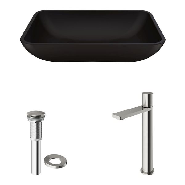 VIGO Sottile 13 W x 18-in D Black Glass Rectangular Vessel Bathroom Sink w/ Gotham Nickel Faucet and Pop-Up