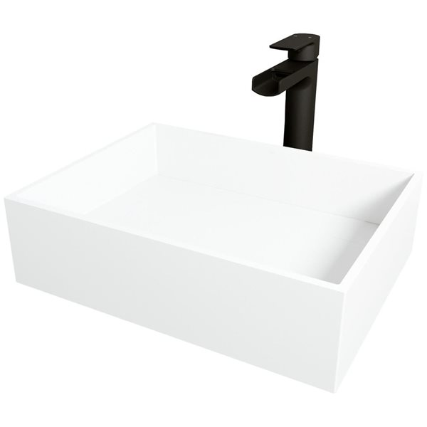 VIGO Montauk&nbsp;13-in W x&nbsp;17-in L White Matte Stone Rectangle Vessel Bathroom Sink with Amada Faucet/Drain - Matte Black