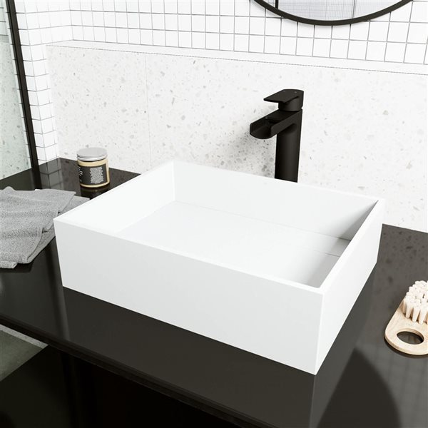 VIGO Montauk&nbsp;13-in W x&nbsp;17-in L White Matte Stone Rectangle Vessel Bathroom Sink with Amada Faucet/Drain - Matte Black