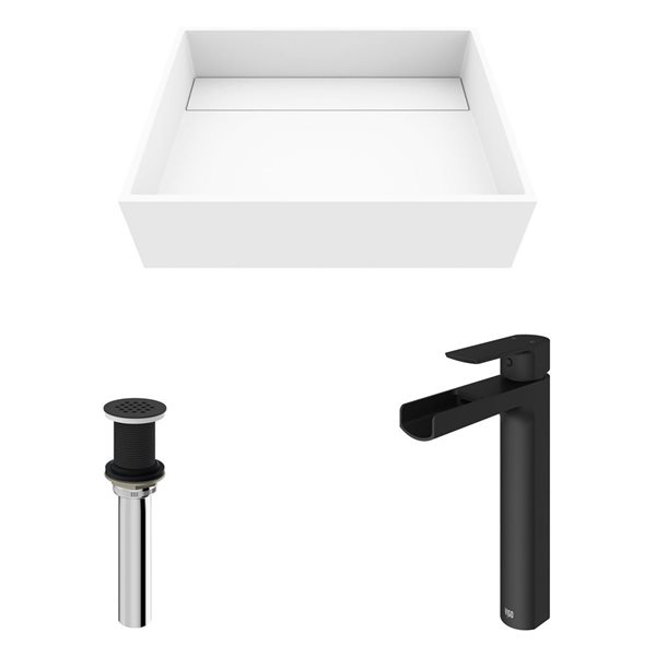 VIGO Montauk&nbsp;13-in W x&nbsp;17-in L White Matte Stone Rectangle Vessel Bathroom Sink with Amada Faucet/Drain - Matte Black