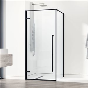 Meridian 34 in. W x 73 in. H Frameless Hinged Shower Enclosure in Matte Black with Clear Glass and Handle