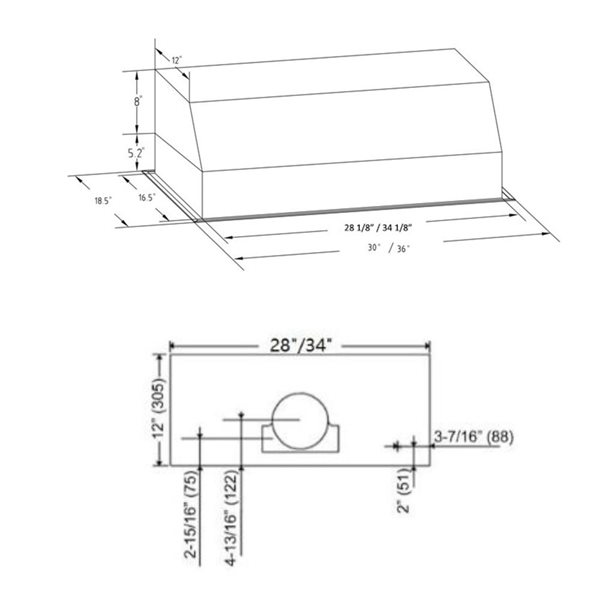 Hotte encastrée à DEL Caloric Pro 34 po 600 pi³/min 3 vitesses avec commandes à bouton-poussoir, acier inoxydable