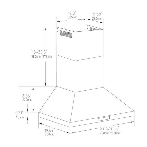 Hotte murale Caloric 600pi³/min 3 vitesses à 2 lampes DEL avec commandes tactiles, acier inoxydable