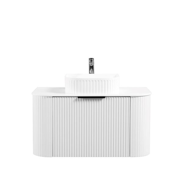 GEF Mona 36-in W Matte White Single Sink Wall Mount Curved Fluted Vanity w/ White Granite Top