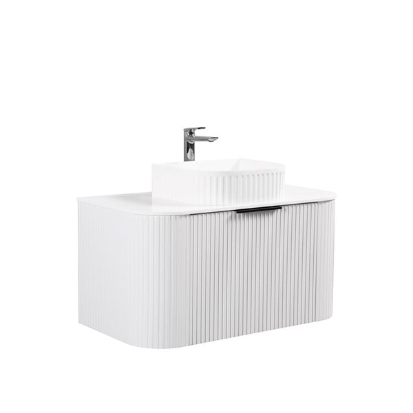 GEF Mona 36-in W Matte White Single Sink Wall Mount Curved Fluted Vanity w/ White Granite Top