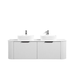 GEF Mona 60-in W Matte White Double Sink Wall Mount Curved Fluted Vanity w/ White Granite Top