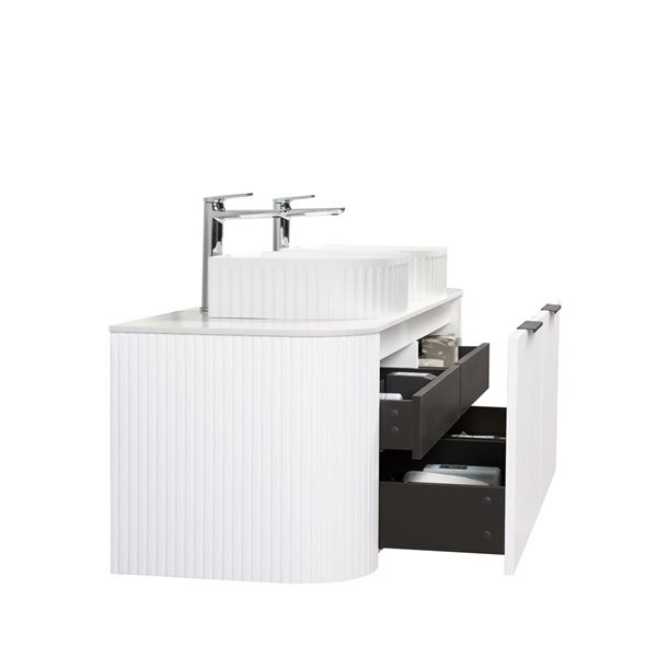 GEF Mona 60-in W Matte White Double Sink Wall Mount Curved Fluted Vanity w/ White Granite Top