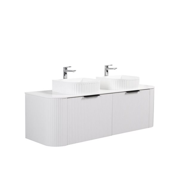 GEF Mona 60-in W Matte White Double Sink Wall Mount Curved Fluted Vanity w/ White Granite Top