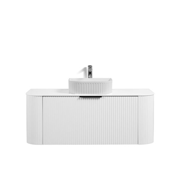 GEF Mona 48-in W Matte White Single Sink Wall Mount Curved Fluted Vanity w/ White Granite Top