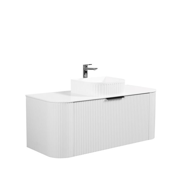 GEF Mona 48-in W Matte White Single Sink Wall Mount Curved Fluted Vanity w/ White Granite Top