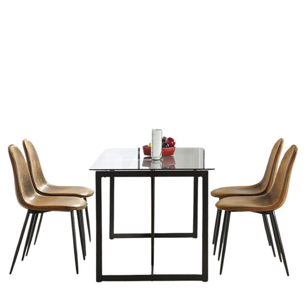 Homy Casa 5-Piece Modern Dining Set with Glass Table & Brown Suede Chairs