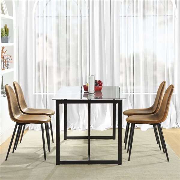 Homy Casa 5-Piece Modern Dining Set with Glass Table & Brown Suede Chairs