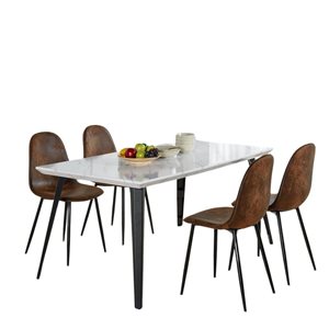 Homy Casa 5-Piece Modern Mid-Century Dining Set with Marble White Table & Suede Brown Faux Leather Chairs