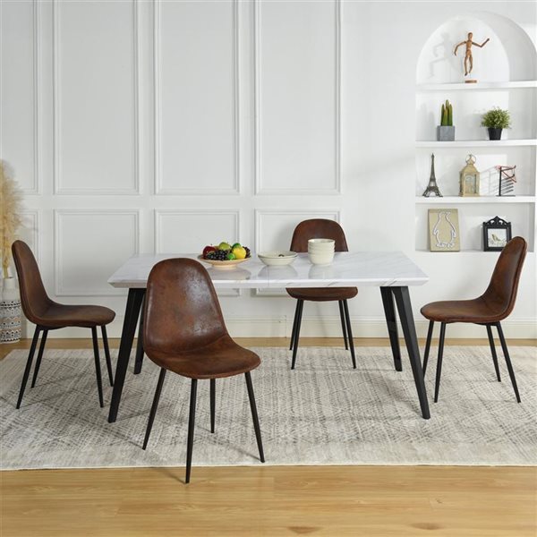 Homy Casa 5-Piece Modern Mid-Century Dining Set with Marble White Table & Suede Brown Faux Leather Chairs