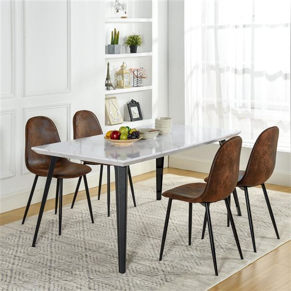 Homy Casa 5-Piece Modern Mid-Century Dining Set with Marble White Table & Suede Brown Faux Leather Chairs