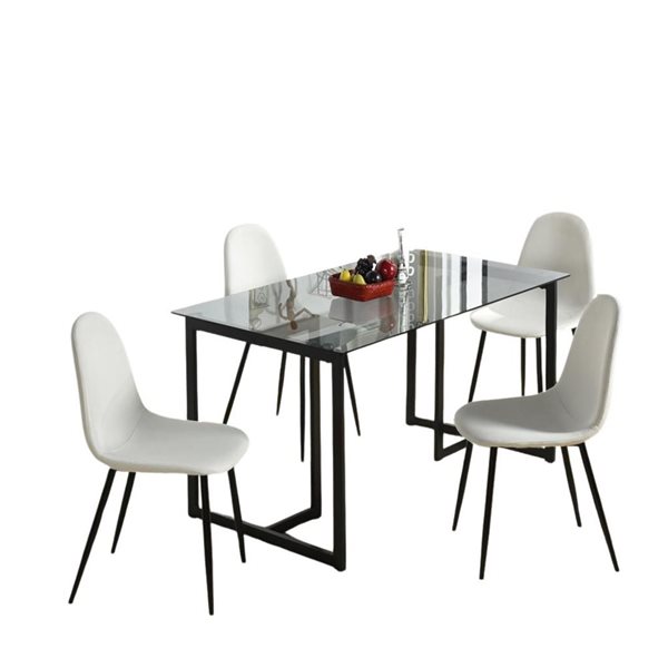 Homy Casa 5-Piece Modern Dining Set with Glass Table & Ivory White Fabric Chairs