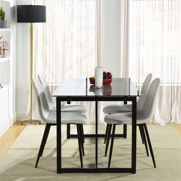 Homy Casa 5-Piece Modern Dining Set with Glass Table & Ivory White Fabric Chairs