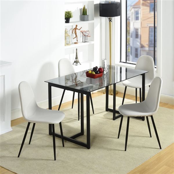 Homy Casa 5-Piece Modern Dining Set with Glass Table & Ivory White Fabric Chairs