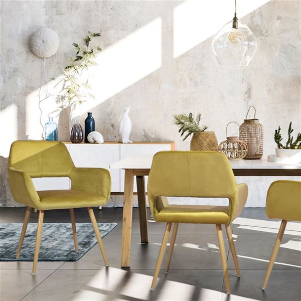 Homy Casa Set of 2 Yellow Fabric Upholstered Arm Dining Chairs