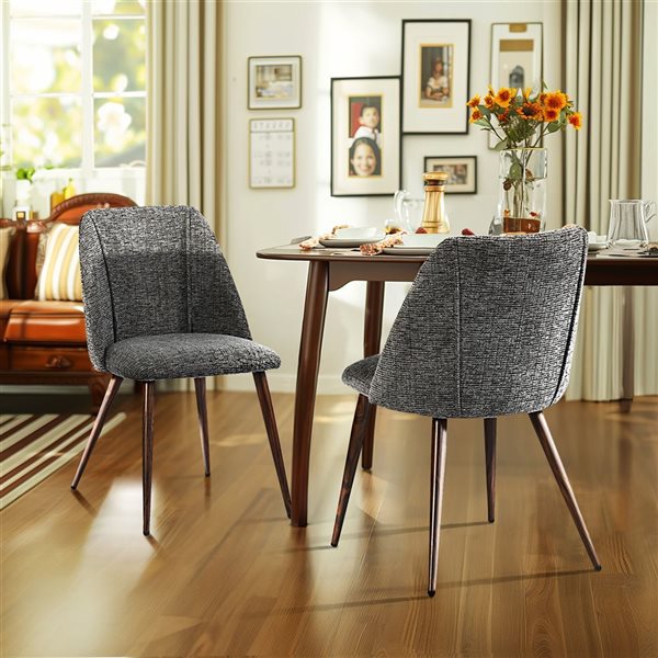 Homy Casa Set of 2 Grey Fabric Dining Chairs with High Solid Back and Walnut Finish Legs